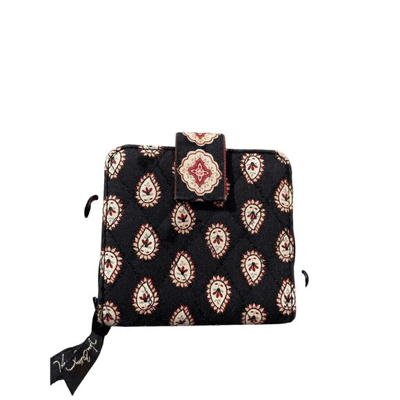 Vera Bradley CLASSIC BLACK Mini Zip Wallet Bifold Snap Close Change Purse - Picture 1 of 8
